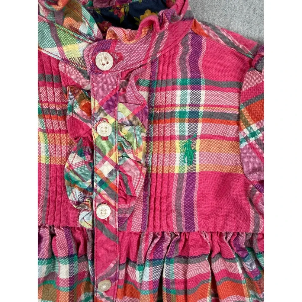 Ralph Lauren Baby Girls Pink Plaid Ruffle Dress Diaper‎ Cover Set 3M 100% Cotton